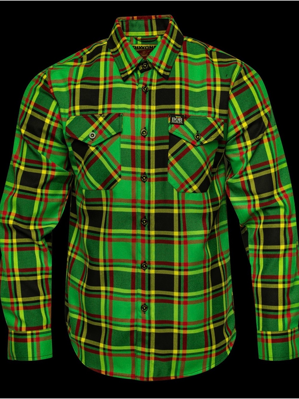 DIXXON BOB MARLEY Bright Green Plaid Button-Down Shirt